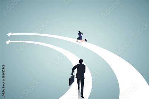 Business people run on the arrows. Concept business competition vector illustration. Flat business cartoon, Speed, Togetherness, Office Team, Back view.
