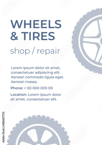 Wheels and tires. Auto parts. Tire service. Vehicle parts. Сar spare for car repair and service. Electrical, engine, auto body parts. Headlights. Brake. Colorful flat vector illustration. Isolated