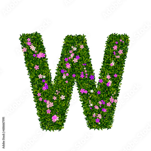 Letter w with leaves and flowers. Transparent png 
