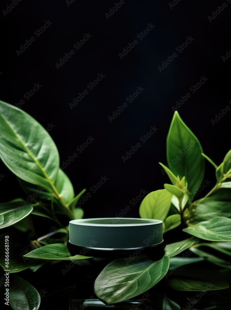 Podium, showcase on dark background with palm tropical leaves of plants. Abstract natural, eco organic background for advertising products, spa body care, relaxation, health.