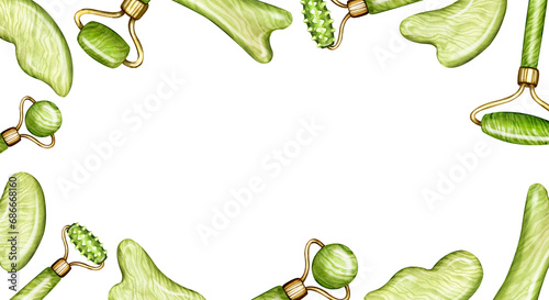 Frame border banner jade scraper for Gua Sha massage. Natural stone scraper and green stone roller of various shapes. Beauty skin care tool, watercolor illustration for salon and cosmetology services.