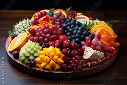 Assorted fresh fruits artistically arranged on a wooden platter, featuring berries, citrus, and tropical varieties.