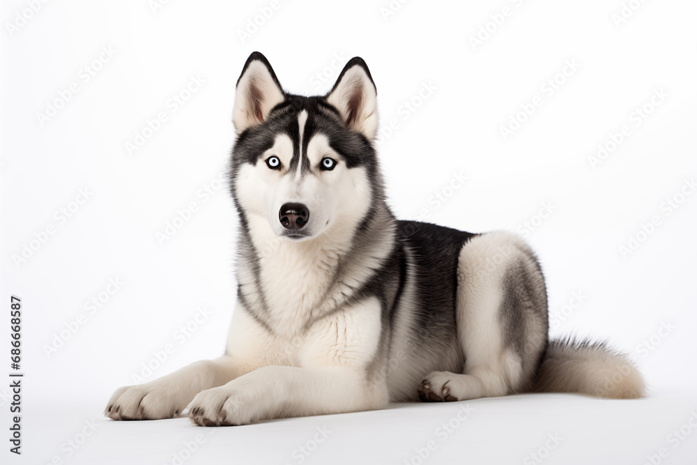 Full size portrait of Siberian Husky dog Isolated on white background