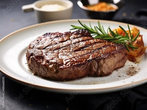 Rib eye steak on white plate