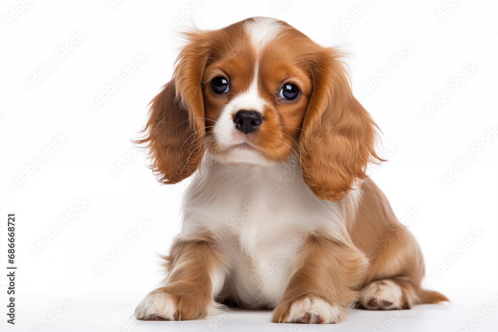 Full size portrait of Cavalier King Spaniel puppy Isolated on white background