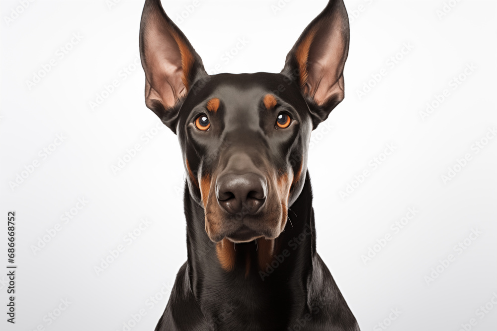 Close up portrait of Doberman Pinscher dog Isolated on white background