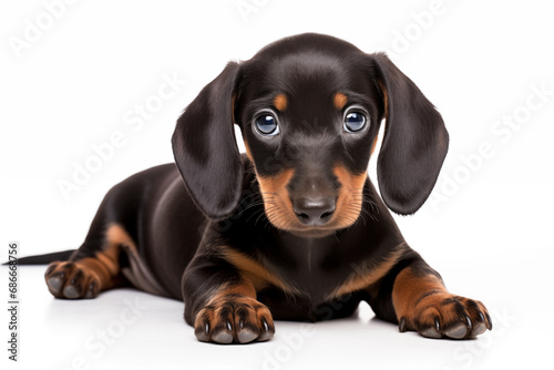 Full size portrait of Dachshund puppy Isolated on white background