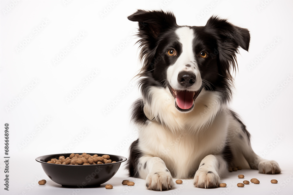 Fototapeta premium Full size portrait of happy Border Collie dog with a big bowl of dog food Isolated on white background