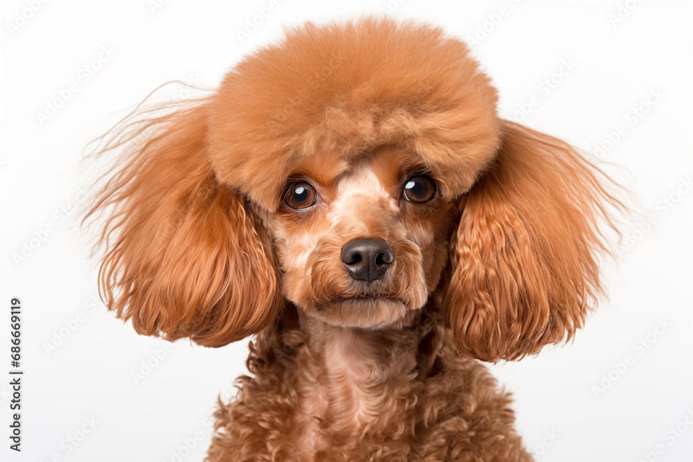 Close up portrait of red furred Poodle dog Isolated on white background Close up portrait of red furred Poodle dog Isolated on white background