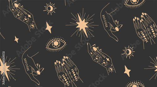 Seamless pattern with hands. A woman casts a spell. Magic hands. 
Palm tattoos. On a dark background. Gold on black background