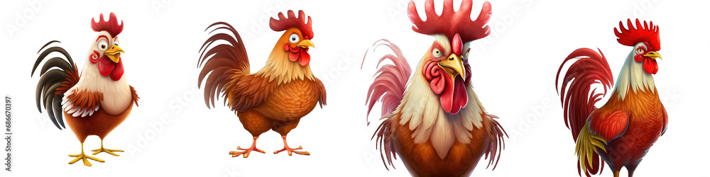 Cartoon rooster and chicken character set showcased in various poses and emotions, displayed on a transparent backdrop for versatile use.