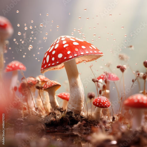 Fantasy glowing mushrooms in mystery dark forest