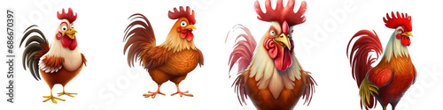 Cartoon rooster and chicken character set showcased in various poses and emotions, displayed on a transparent backdrop for versatile use.