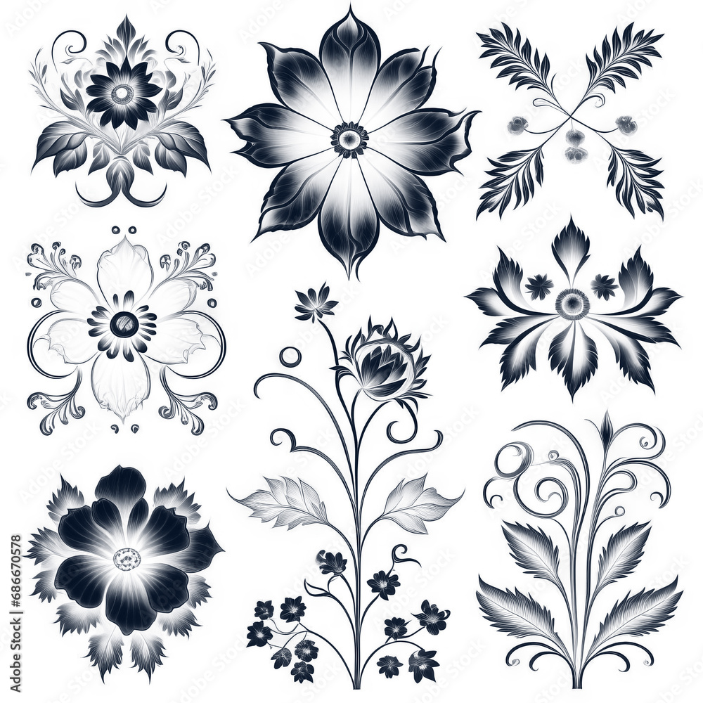 Luxury botanical background with trendy black and white minimalist flowers on a white background. Luxury botanical background with trendy black and white minimalist flowers on a white background.
