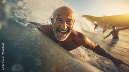 handsome guy traveler surfer in touristic clothing enjoying ocean sea waves swimming time photo