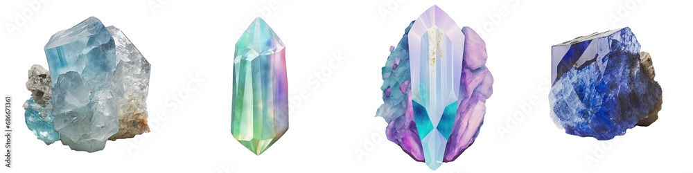 Fototapeta premium A vibrant gemstone, with multifaceted cuts, sparkles atop a clear backdrop, its colors standing out in vivid contrast.