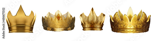 Golden royal crown with intricate design and gem embellishments, displayed on a clear, invisible backdrop.