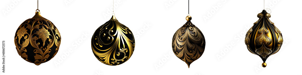 Fototapeta premium Golden ornament dangles against a pitch-black tableau, poised on a see-through backdrop, emitting a solitary elegance.