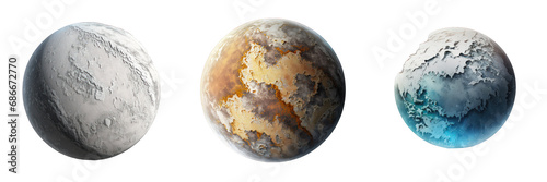 Set of realistic planets showcased against a seamless transparent backdrop, offering versatile use in different design applications.
