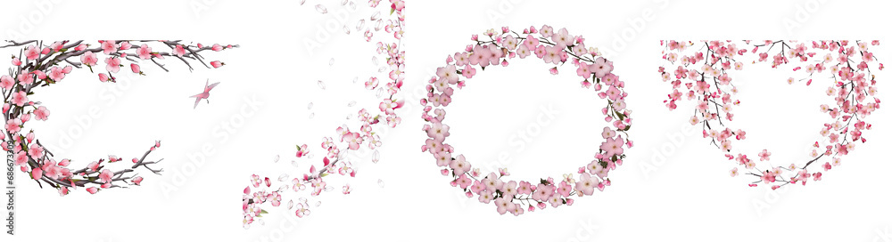 Spring sakura flowers and falling petals frame a watercolor set on a transparent background, exuding fresh, blossoming elegance.