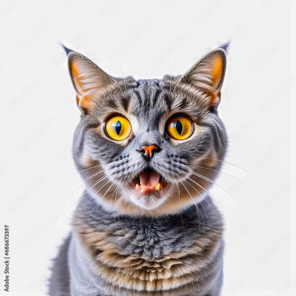 funny portrait of a british shorthair cat looking shocked or surprised