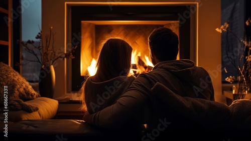 A loving couple sitting peacefully in front of the fireplace, Generative AI