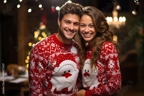 Smiling couple in ugly Christmas sweaters, Generative AI photo