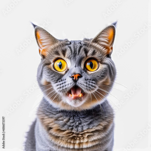 funny portrait of a british shorthair cat looking shocked or surprised