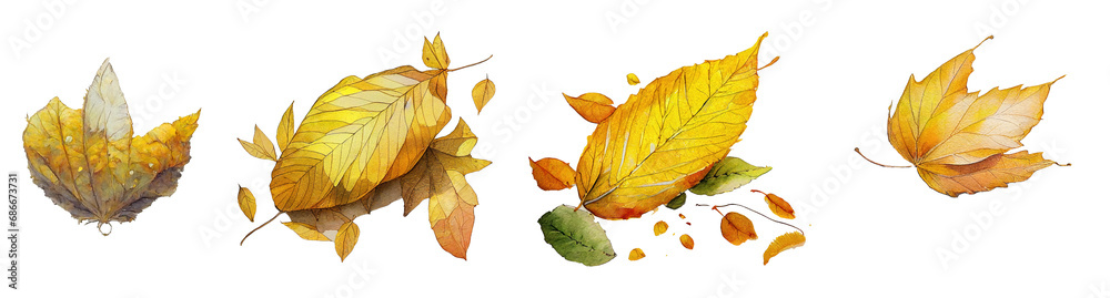 Autumn-themed watercolor art set featuring yellow leaves with delicate, transparent backgrounds, evoking the essence of fall.