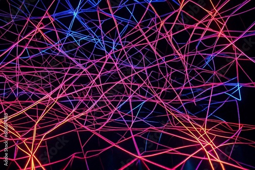 Interlocking threads of neon light forming an intricate lattice in space.