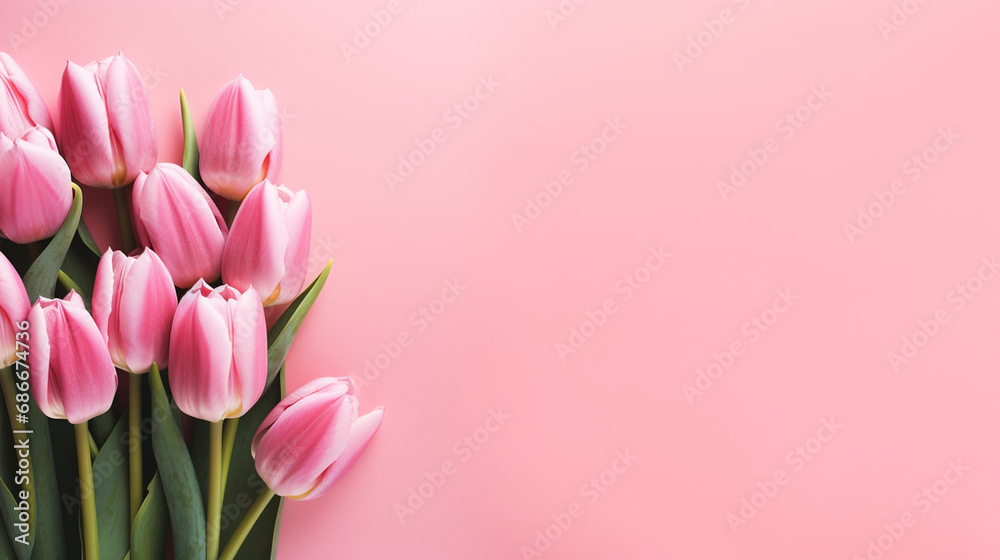pink tulips on pink background place for text pink tulips on pink background place for text