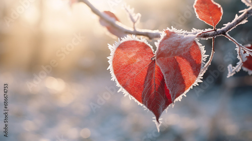 yellow autumn leaves in the shape of a heart on a frozen branch on a winter background. Valentine's Day. ai generative photo