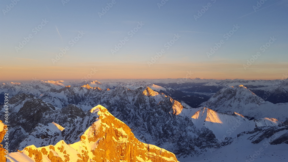 Alpenglow in the snow-capped Central Alps