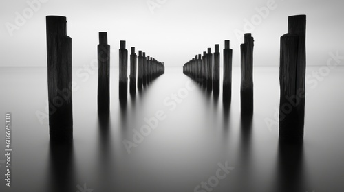 A black and white photo of a long pier