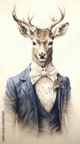 A drawing of a deer wearing a suit and bow tie