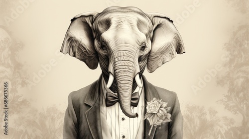 A drawing of an elephant wearing a tuxedo