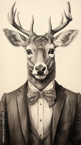 A drawing of a deer wearing a suit and bow tie © Maria Starus