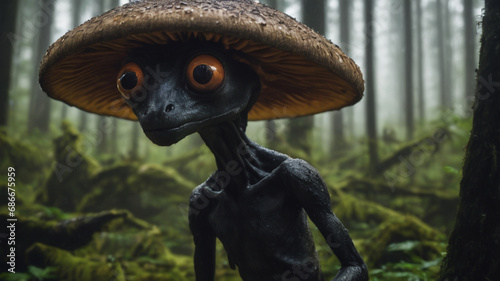 a realiste grey alien , big eyes blacks , mushrooms in trees, , nigth , forest rain, hyperrealist , detailed, digital photo 4k --s 50 photo