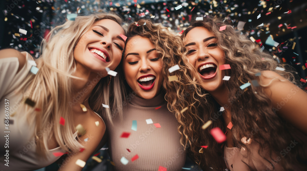 Three women joyfully celebrate Christmas, confetti and streamers. holidays and parties concept. ai generative