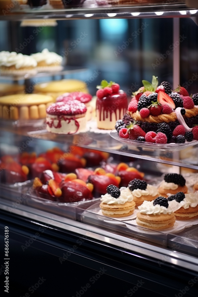 Various cakes and brownies with frosting in a refrigerated bakery cabinet. counter with sweets