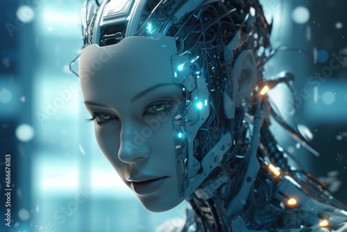 A close up image of a person with a robot head. This picture can be used for various purposes.