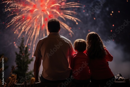 Family watching fireworks, Merry Christmas and Happy New Year 2024 holiday