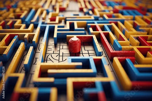 A maze featuring a red button in the center. Can be used as a concept of decision-making or problem-solving. photo