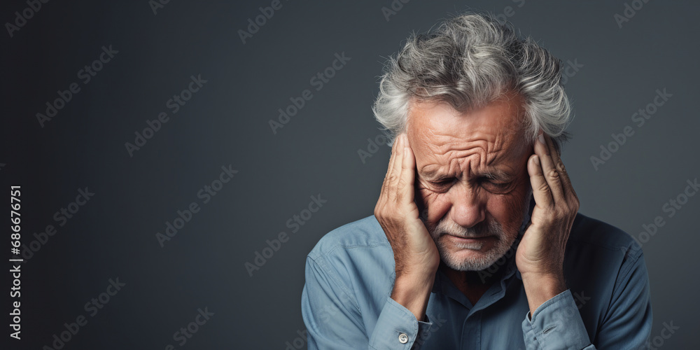 sick elderly man holding his head with his hand, headache. Gray background. ai generative - obrazy, fototapety, plakaty 