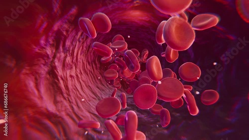 Red Blood Cells Flowing Inside Human Vein. Camera follows path. Seamless Loop Science And Health Related High Quality 3D Animation.