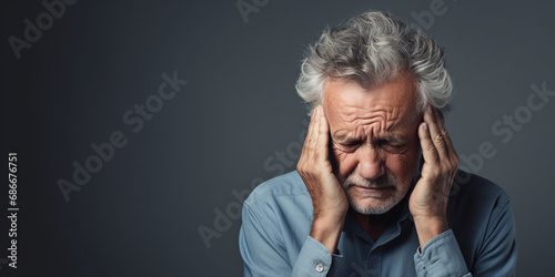 sick elderly man holding his head with his hand, headache. Gray background. ai generative photo