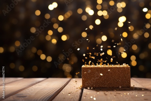 A wooden table is adorned with a cake that is covered in colorful confetti. This image can be used to celebrate birthdays, parties, or any festive occasion.