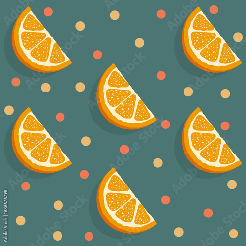 Orange slice design pattern with colorful dots on green-blue background. Delicious citrus. Vector illustration for cards, business, banners, textile, wallpaper, wrapping