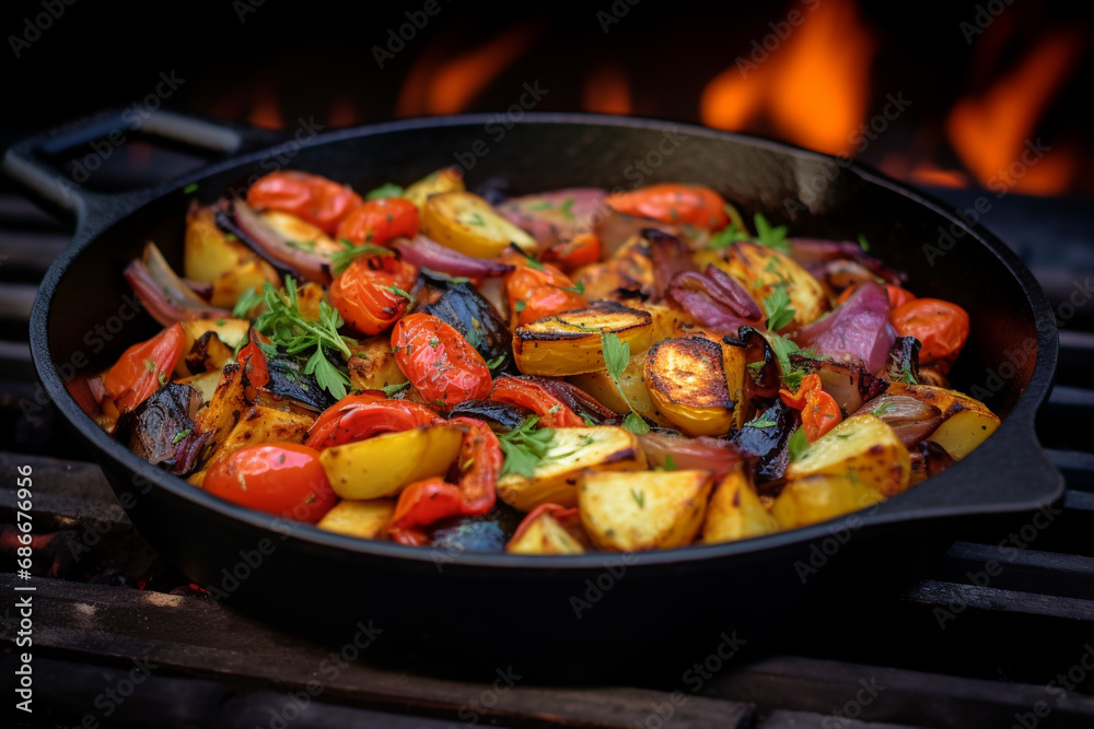 roasted vegetables on cast iron pan. ai generative roasted vegetables on cast iron pan. ai generative