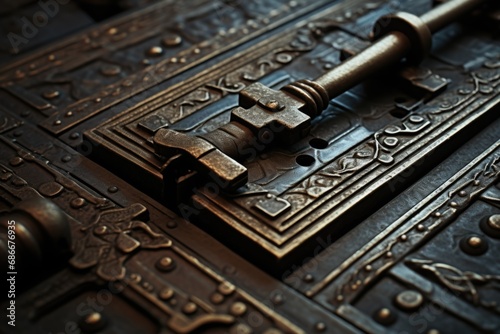 A close-up photograph of a metal door with a key inserted into the lock. This image can be used to represent security, access, or protection. photo